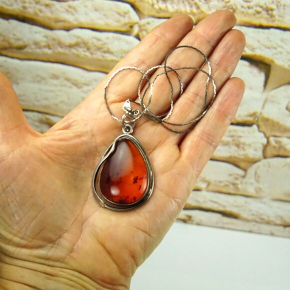 Big Amber and 925 Silver Pendant With 18" Fine Chain - Amber Gift For Her - Picture 9 of 15